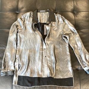 Elie Tahari Jordana Metallic Button Down Blouse